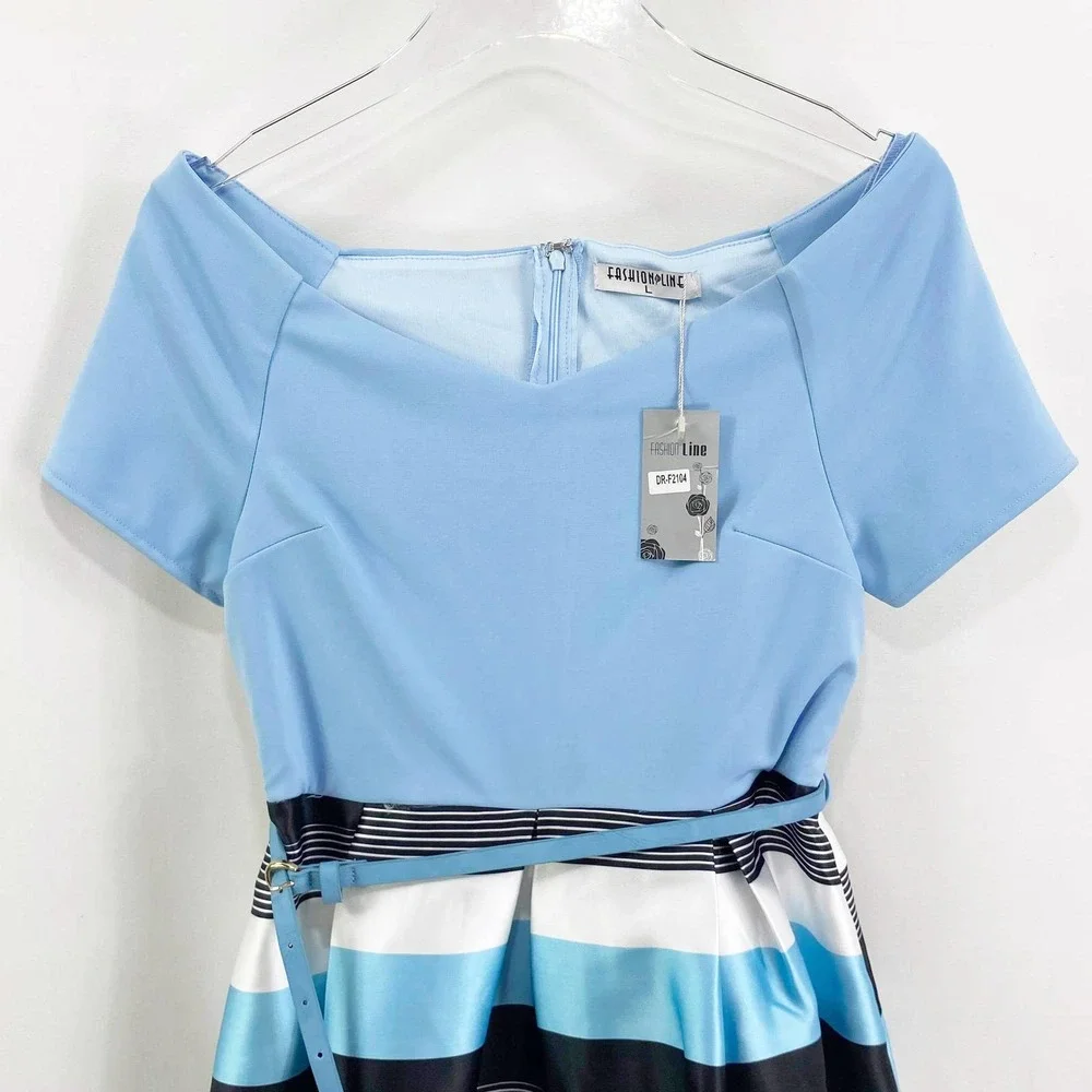 FASHION LINE Vintage 90s Blue Striped Off Shoulder V-Neck Midi Dress - Picture 3 of 8